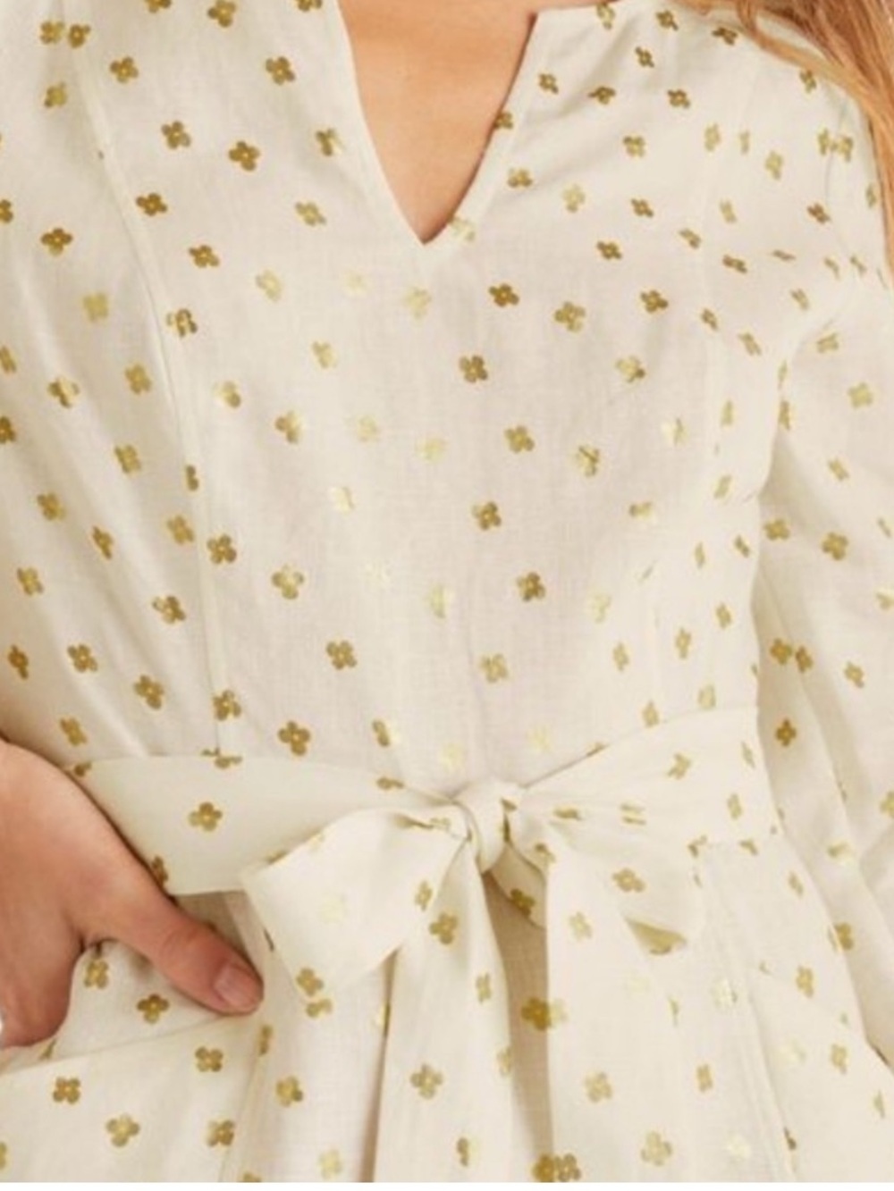 Boden Kelsey White Linen Midi Dress with Gold Floral Motif Beach Preppy Sz 10L - Picture 5 of 16